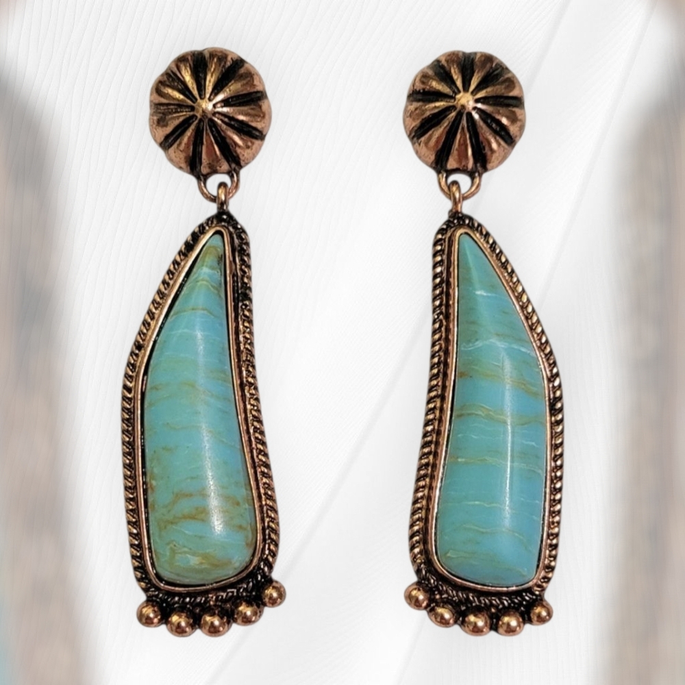 Southwest Turquoise And Copper Drop Earrings New - Picture 3 of 3